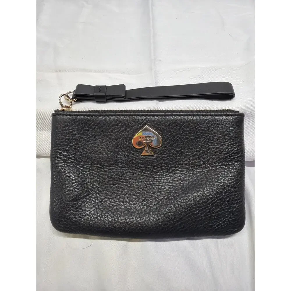 Kate Spade New York Black Pebbled Leather Wristlet Clutch Striped Lining